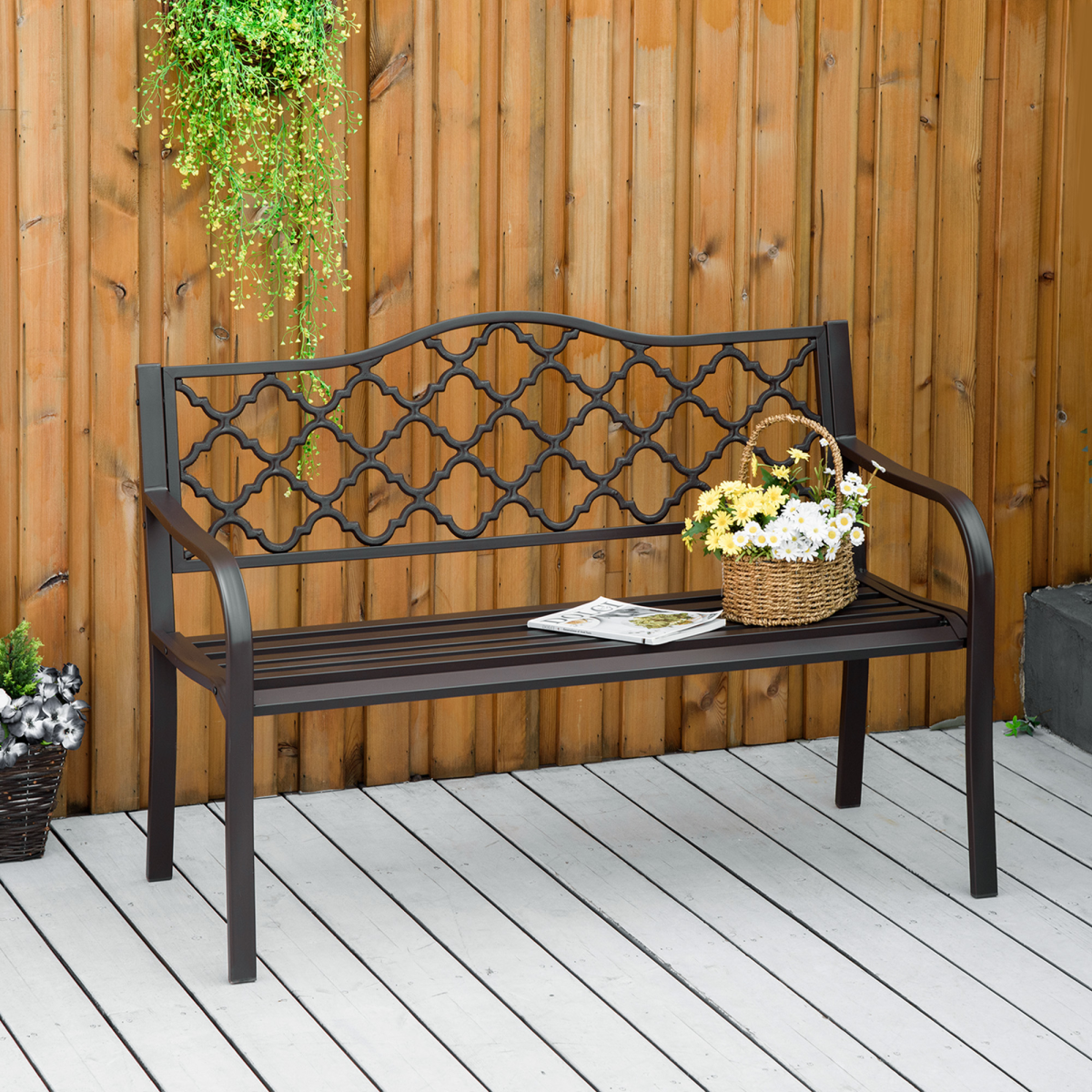 Outsunny Outdoor Double Seat Steel Porch Bench with Geometric Cut-Out Back and Slatted Seat