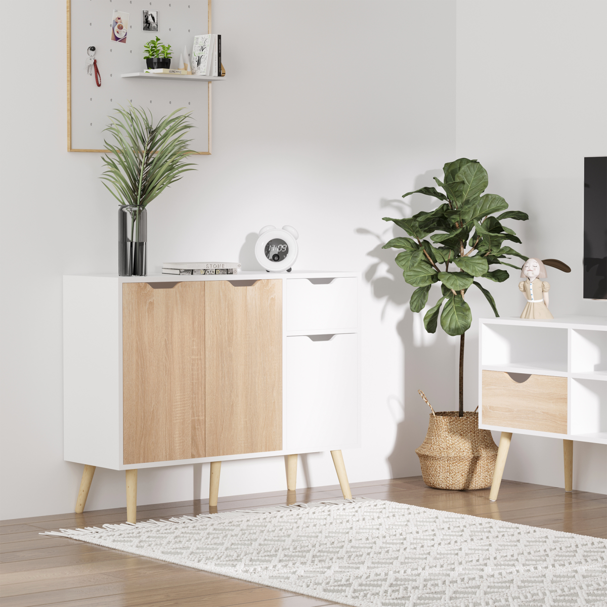 Modern Scandinavian Storage Cabinet Sideboard with Drawer, 4-Part Storage, Wood Legs, Bedroom, Living Room, Home Office