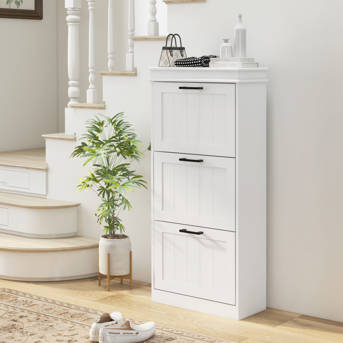 HOMCOM Slim Shoe Storage Cabinet with 3 Flip Drawers, White