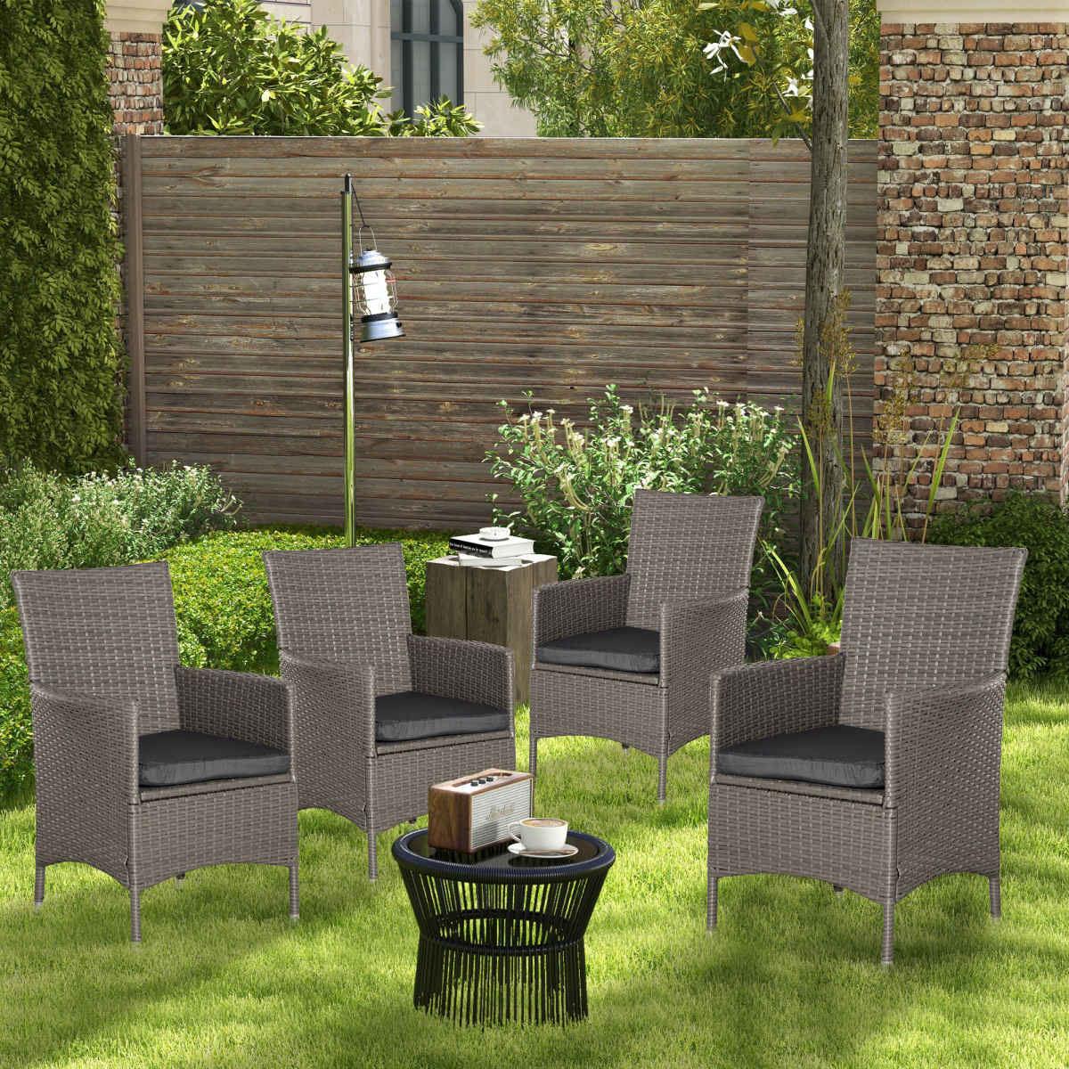 Outsunny Set of 4 Outdoor Rattan Dining Chairs with Cushions, Grey