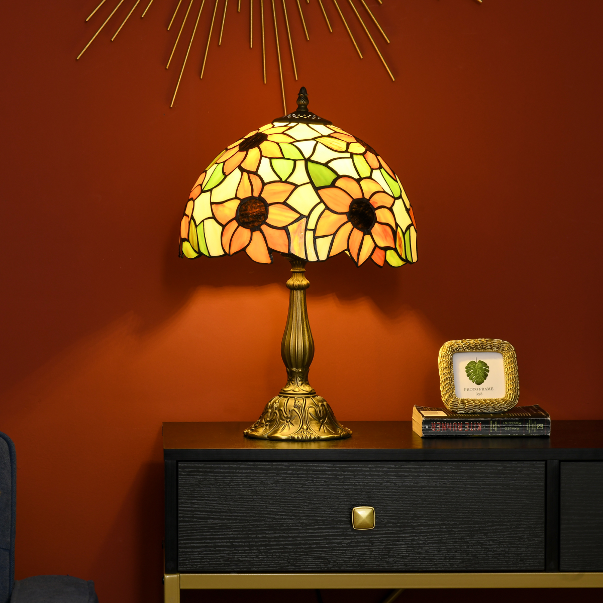 AIYAPLAY Stained Glass Sunflower Table Lamp, E27, Bulb Not Included