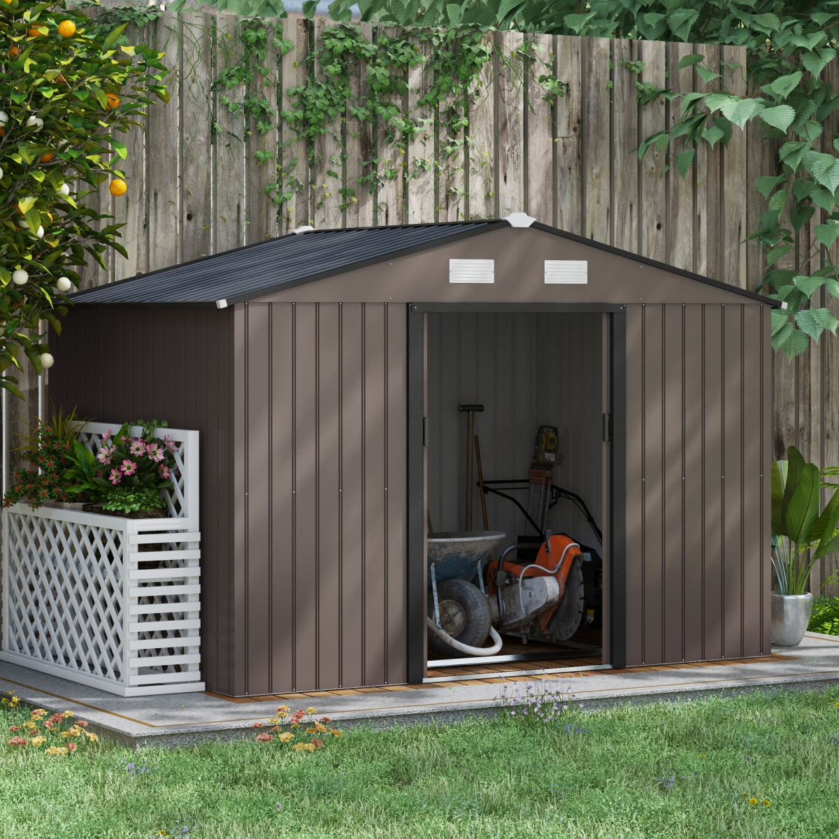 9 x 6 ft Outdoor Metal Garden Shed with Sliding Doors, Brown Galvanised Storage Shed