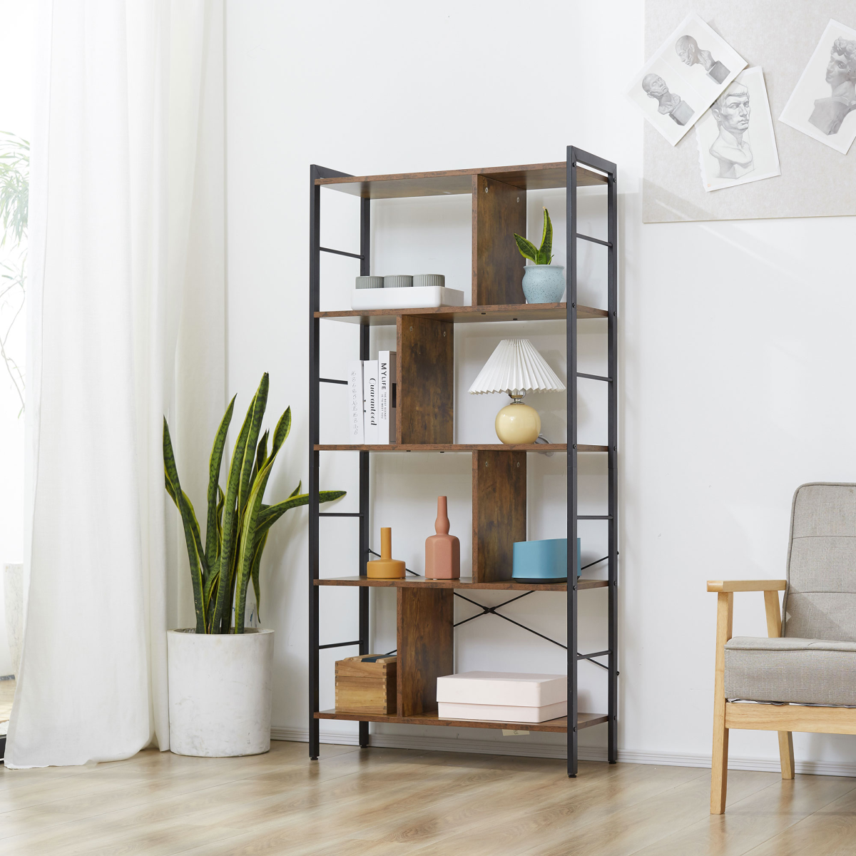 Industrial 5-Tier Storage Shelf Bookcase with Metal Frame, Floor Standing Display Rack, Brown and Black