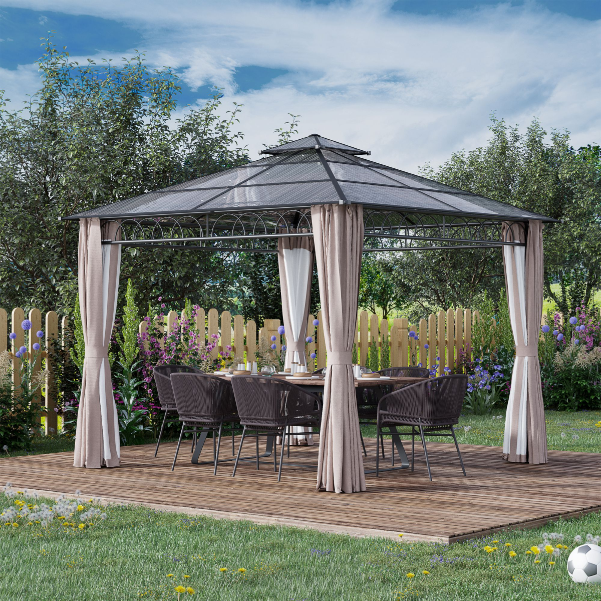 Outsunny 3 x 3m Polycarbonate Hardtop Gazebo with Curtains & Netting