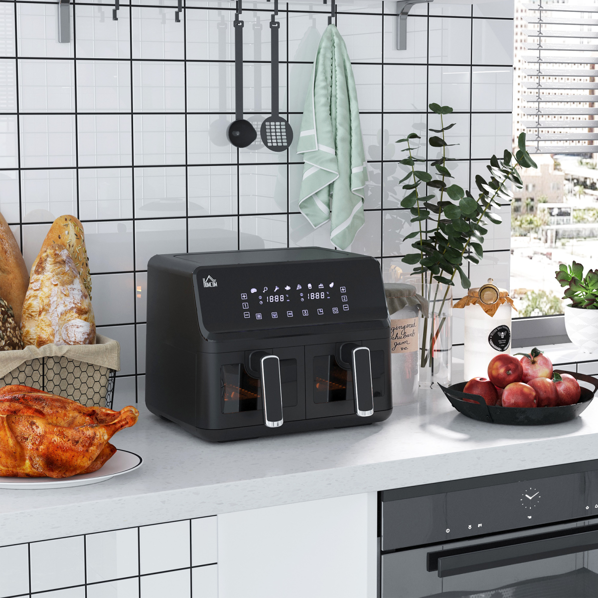 Dual Basket Air Fryer 8L Family Size, 8 Presets, Timer, Cookbook, 2500W, Black