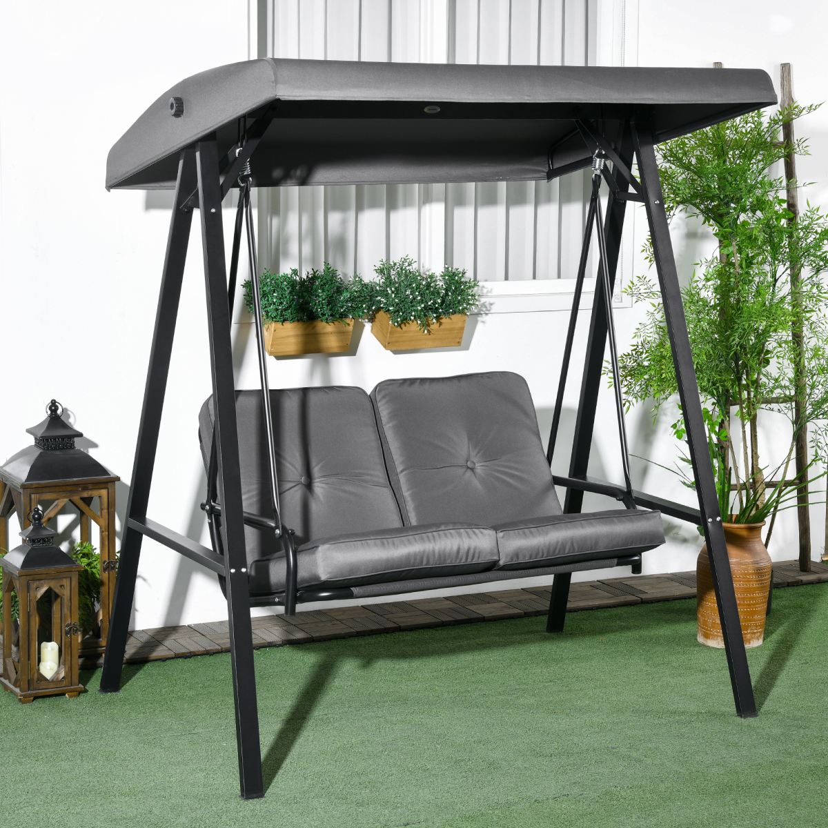 Outsunny 2-Seater Outdoor Swing Chair with Adjustable Canopy, Dark Grey