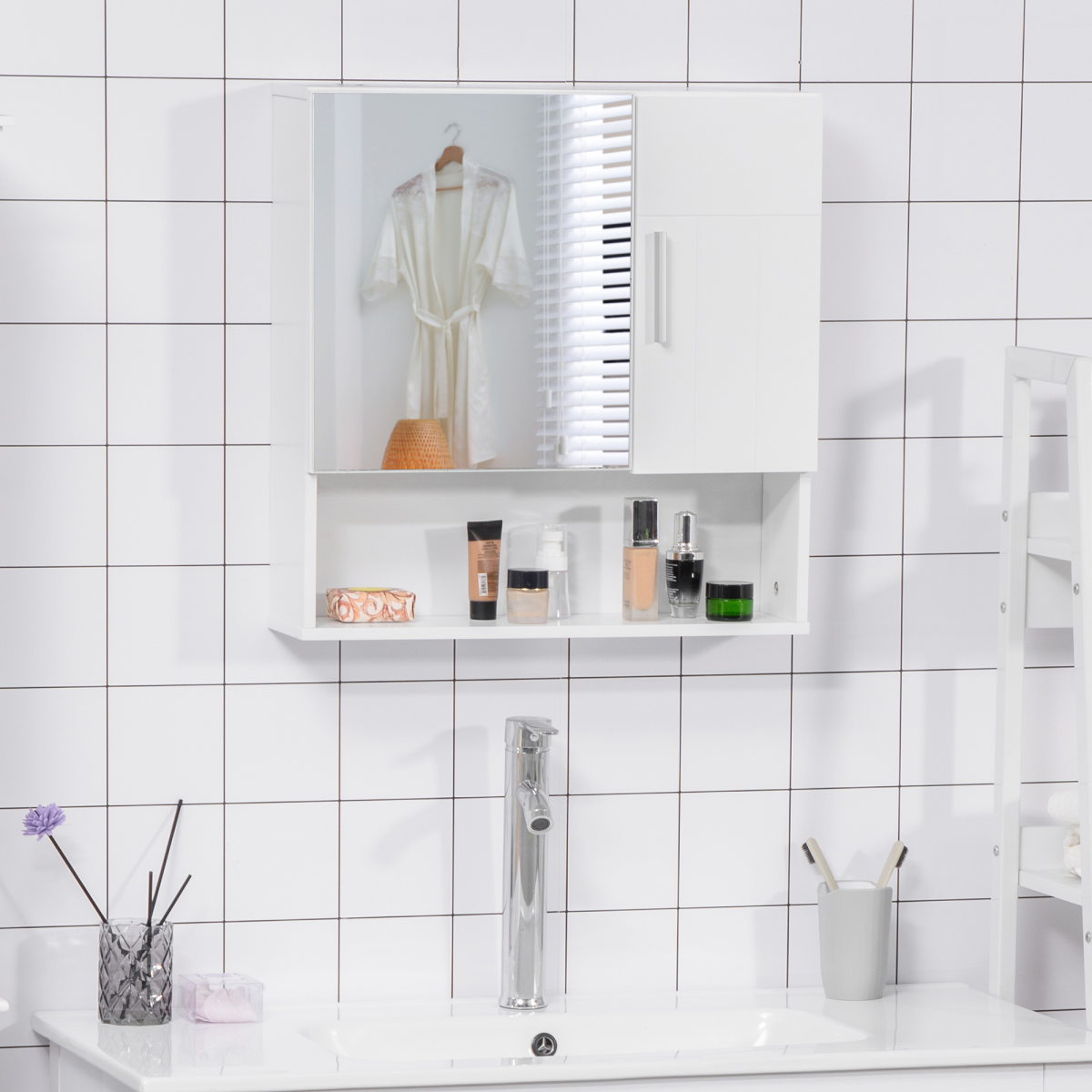 Bathroom Wall-Mounted Mirror Cabinet with Adjustable Shelves and Door, White