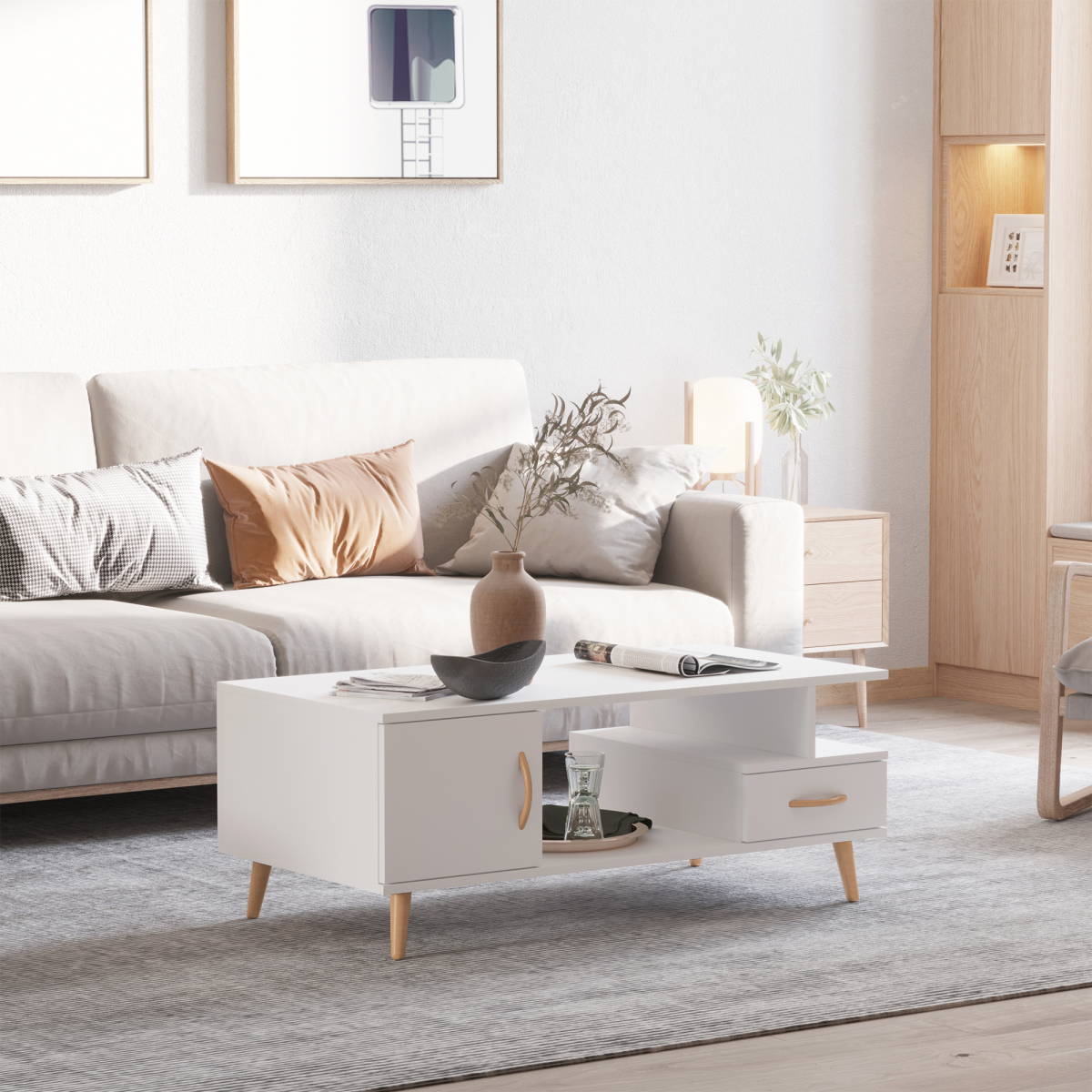 HOMCOM Coffee Table with Storage, White Sofa Side Table with Cabinet, Drawer and Shelf