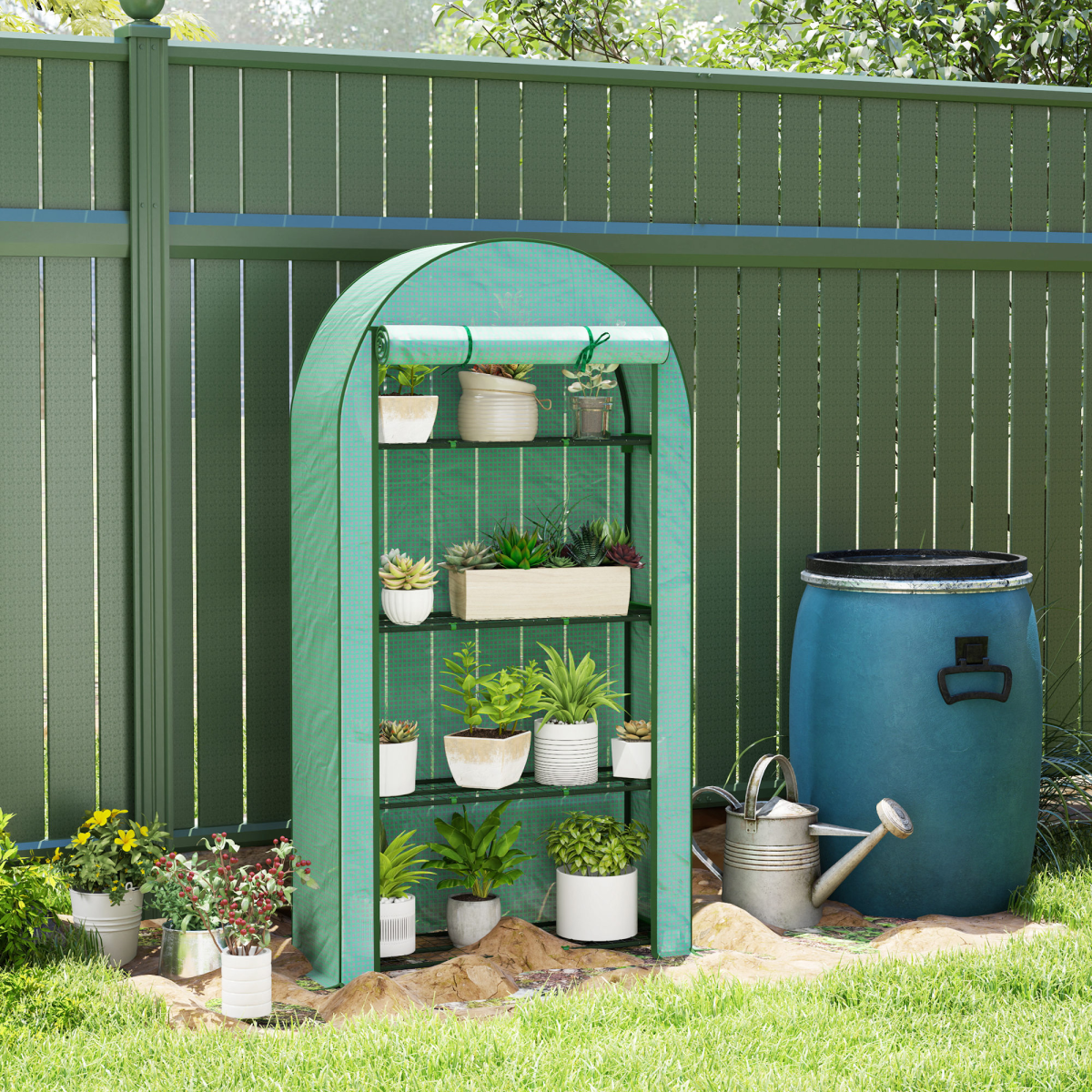 Outsunny 4-Tier Mini Greenhouse with Reinforced PE Cover, Roll-Up Zipped Door, Green