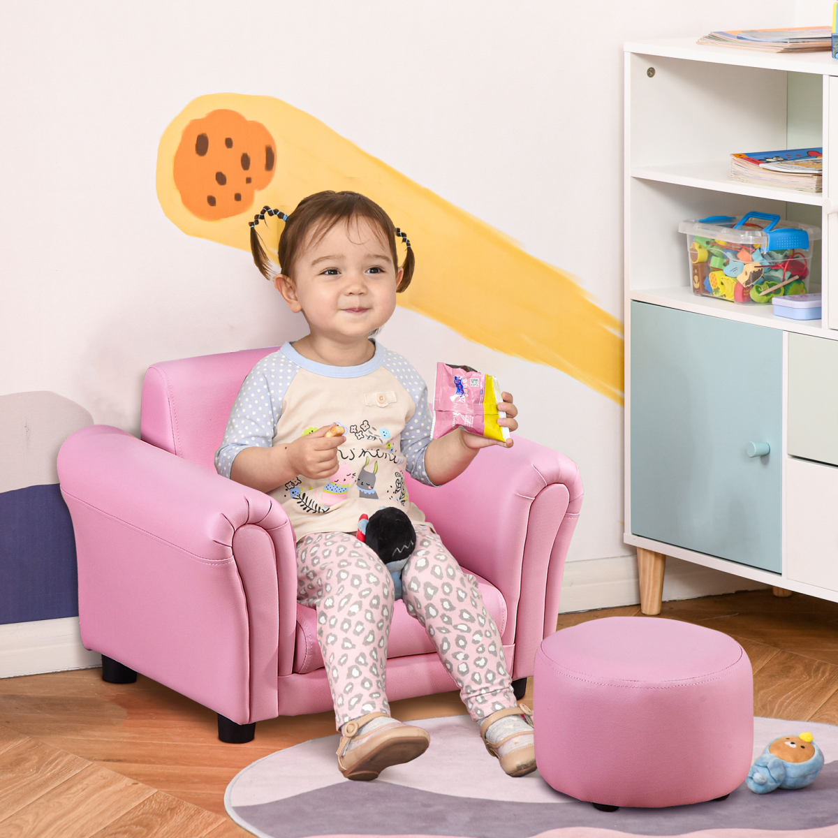 HOMCOM Kids Pink Sofa and Footstool Set, 18+ Months