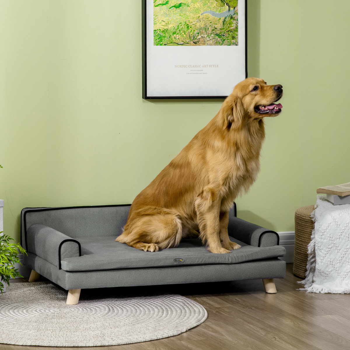 PawHut Pet Sofa for Large and Medium Dogs, Water-Resistant Fabric, Wooden Legs, Grey