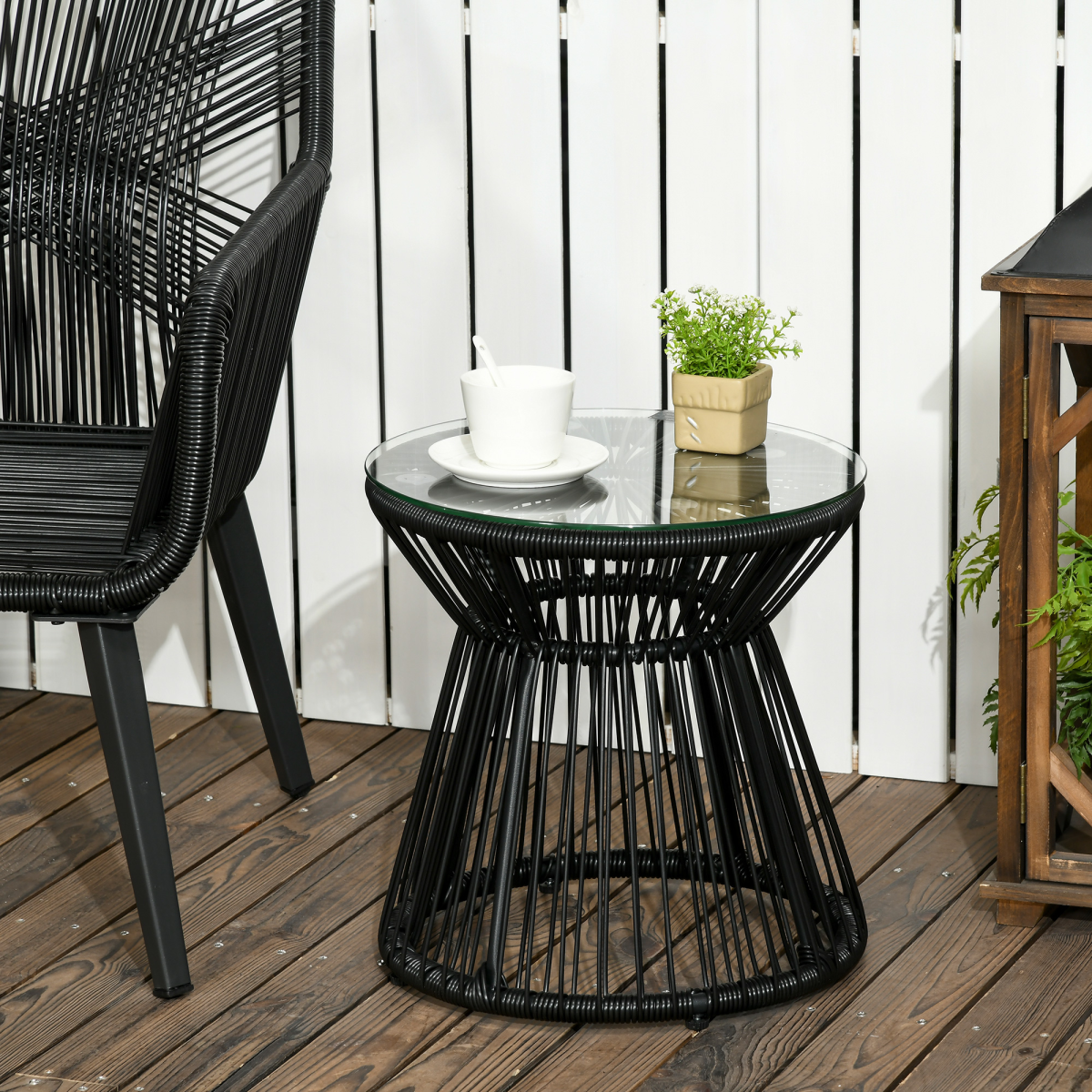 Outsunny Black PE Rattan Round End Table with Tempered Glass Top, Hollow Drum Design