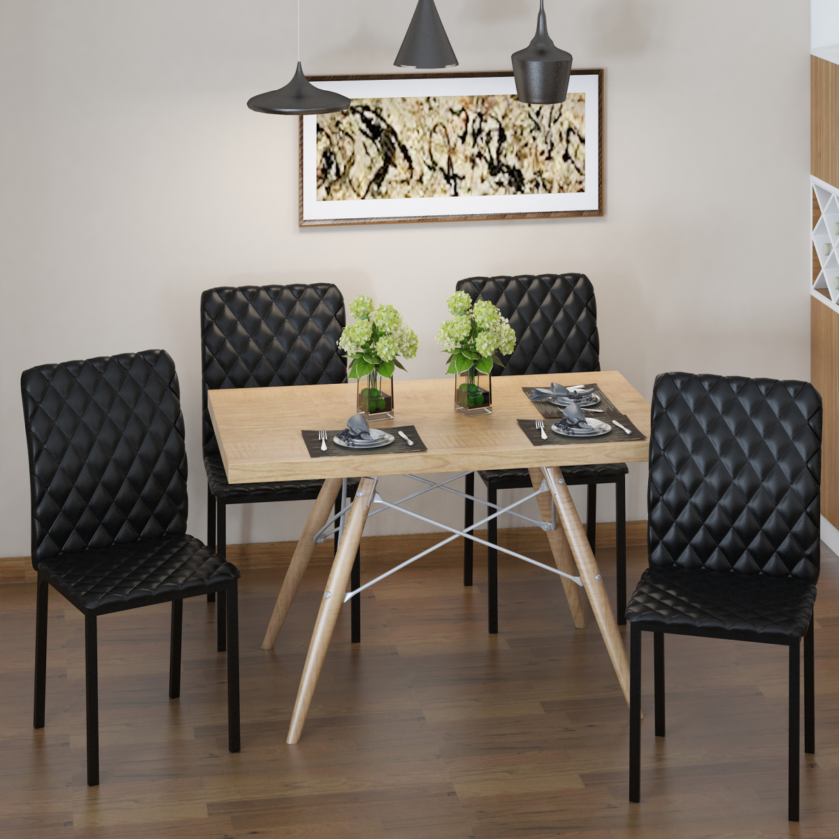Modern Quilted PU Leather Dining Chairs, Set of 4, Black