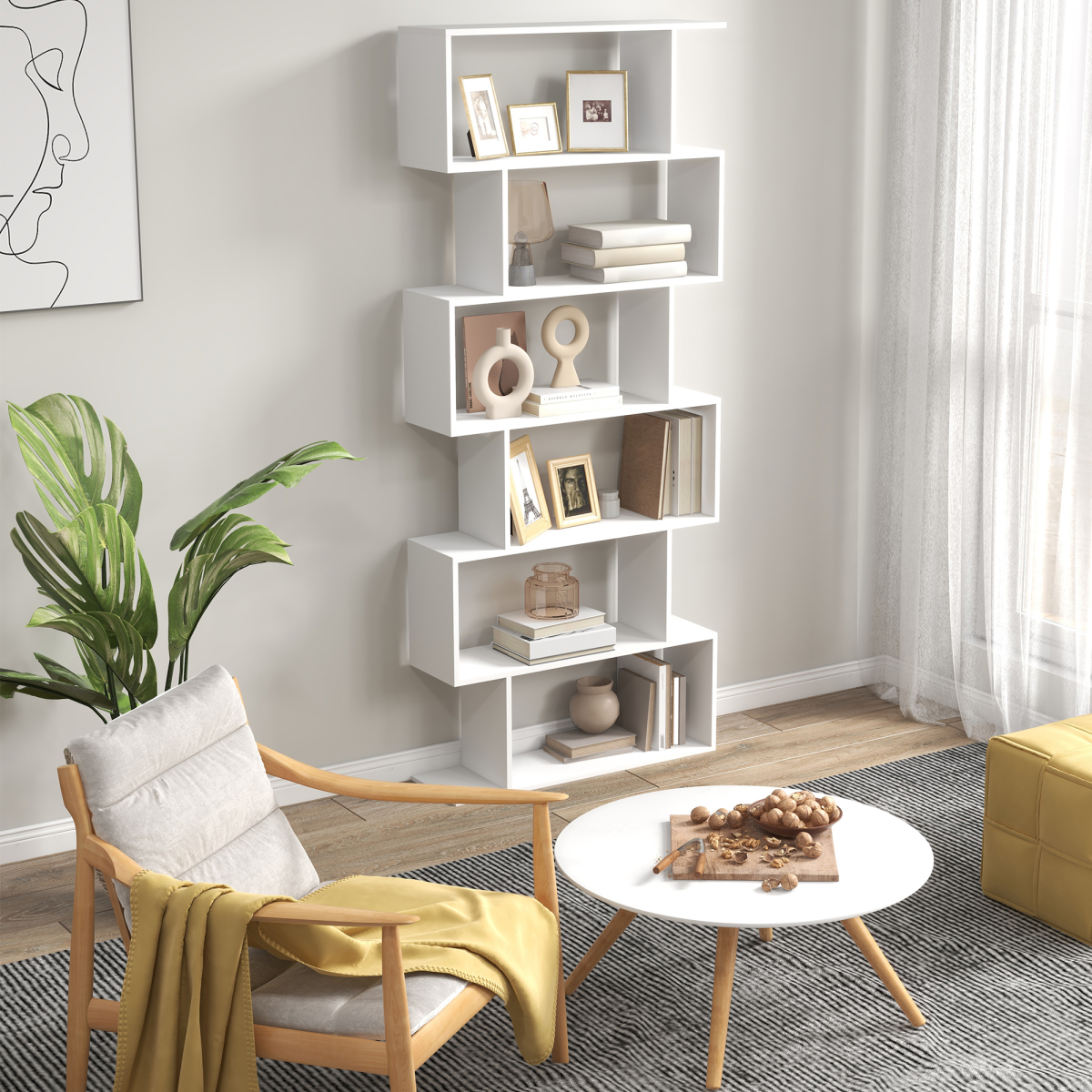 HOMCOM White 6-Tier Asymmetrical S-Shaped Particle Board Shelving Unit
