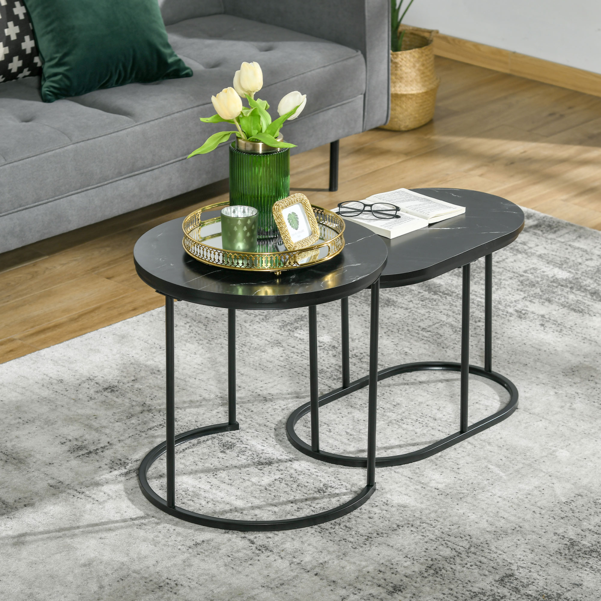 HOMCOM 2-Piece Faux Marble Round & Oval Side Tables, Black