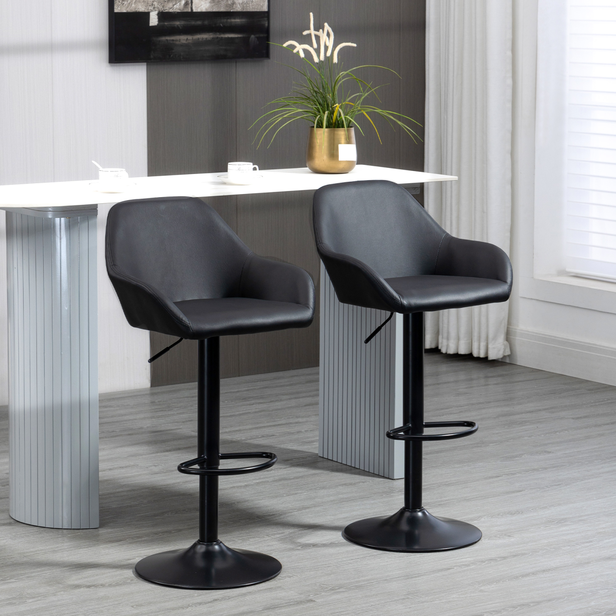 HOMCOM Set of 2 Adjustable Swivel Bar Stools with Backrest and Footrest, PU Leather, Black