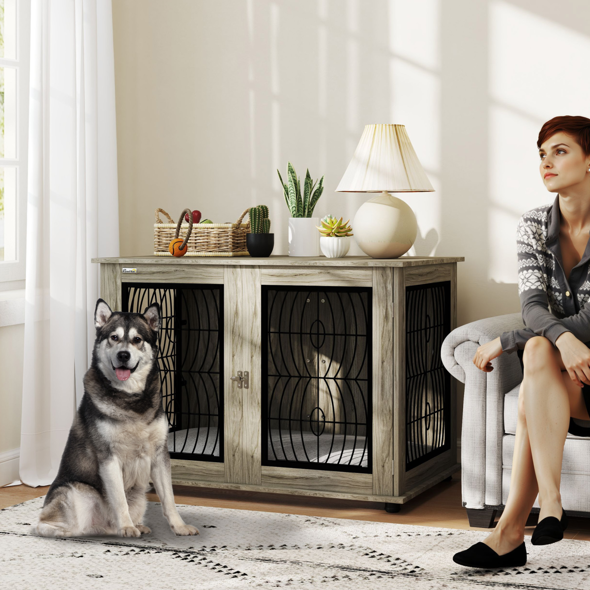 PawHut Dog Crate Furniture End Table for Extra Large Dogs with Cushion