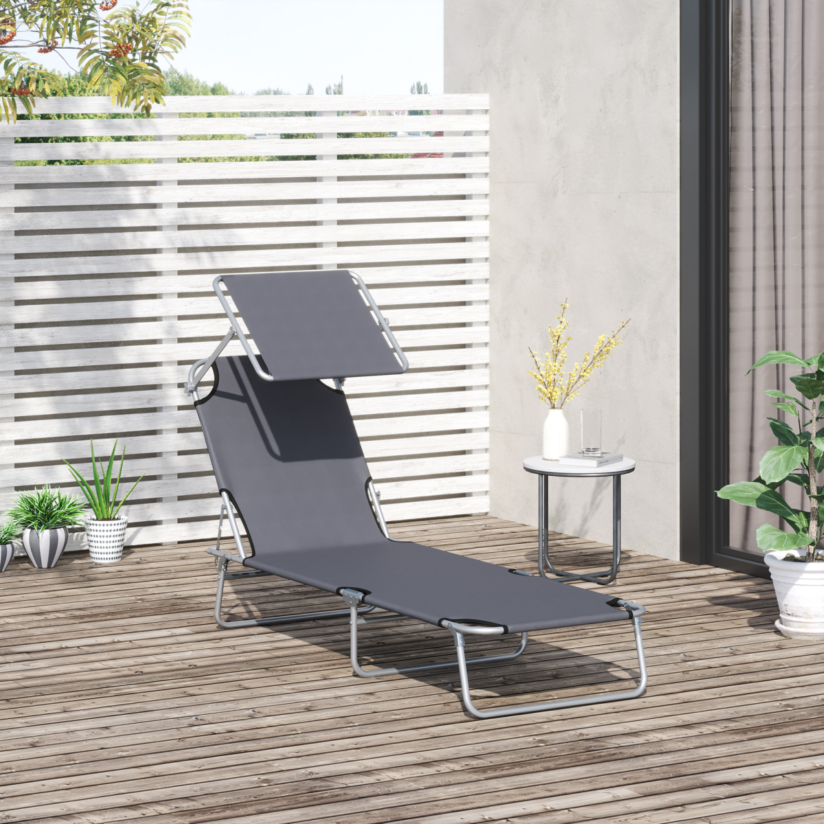 Outsunny Folding Sun Lounger Recliner with Adjustable Awning, Grey