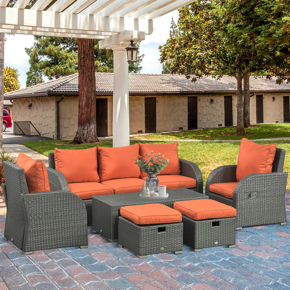Outsunny 6 Piece Outdoor Rattan Wicker Patio Furniture Set with 3 Seat Sofa, 2 Reclining Armchairs, 2 Footstools and Table