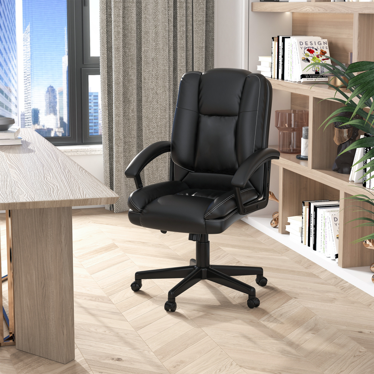 Swivel Executive Office Chair, Mid Back PU Leather, Black, with Arm