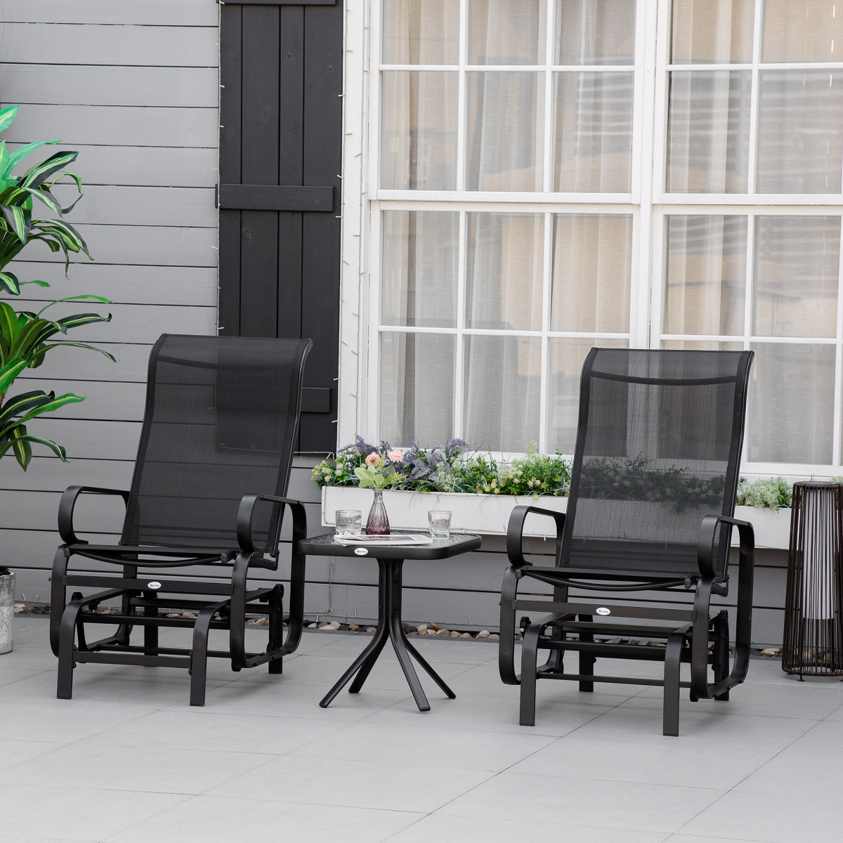 Outsunny 3-Piece Gliding Rocking Chair Set with Tea Table, Weather-Resistant Texteline Seat and Back Panels, Tempered Glass Table Top