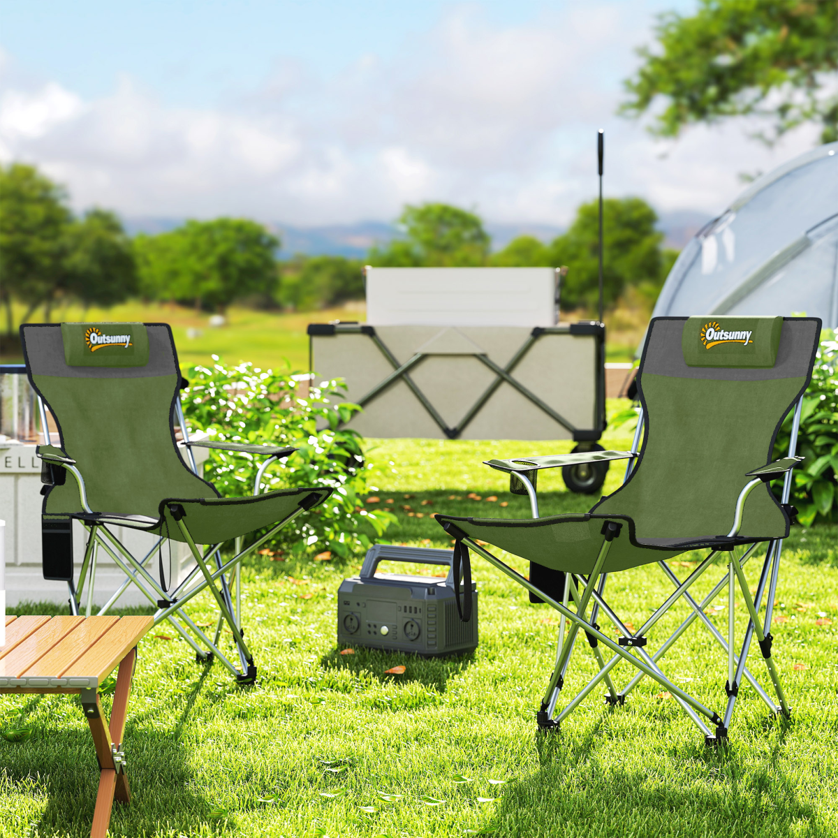 Outsunny Set of 2 Reclining Camping Chairs with Headrest and Cup Holder