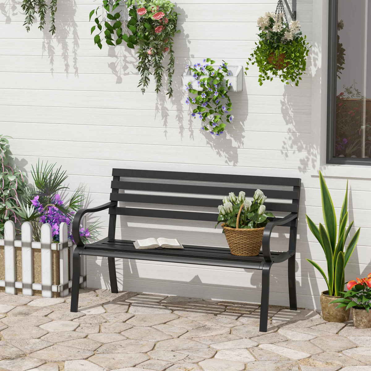 Outsunny 2-Seater Outdoor Steel Garden Bench with Armrests