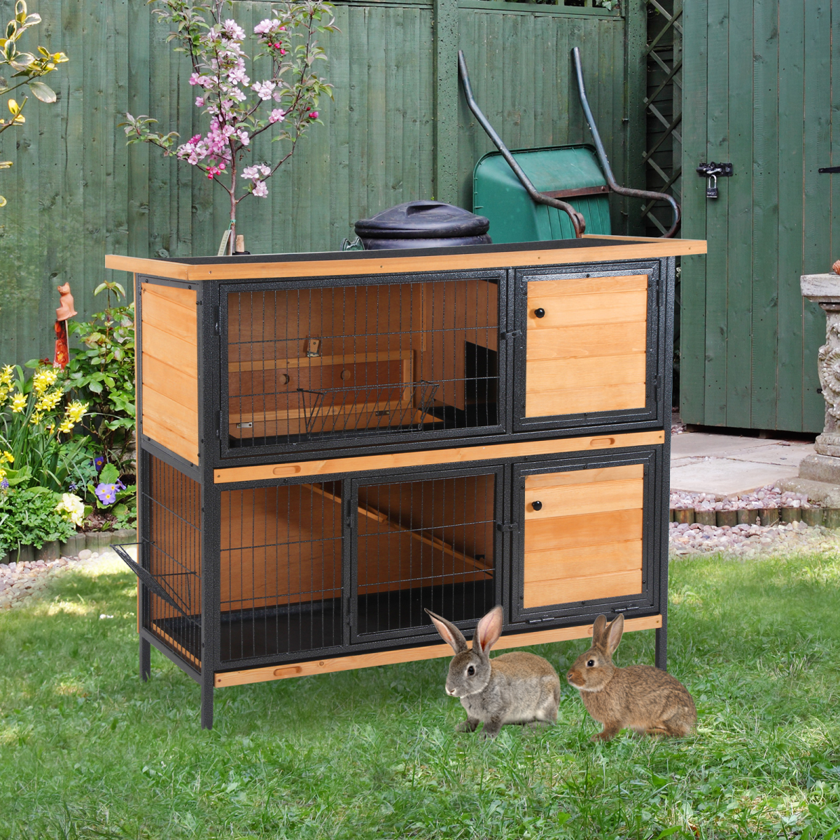 PawHut Wooden and Metal Rabbit Hutch with Slide-Out Tray, Outdoor Bunny Pet House, Light Yellow