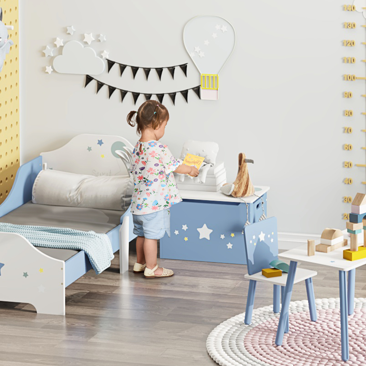 Kids Wooden Toy Box Children Storage Chest Organiser Side Handle Blue HOMCOM