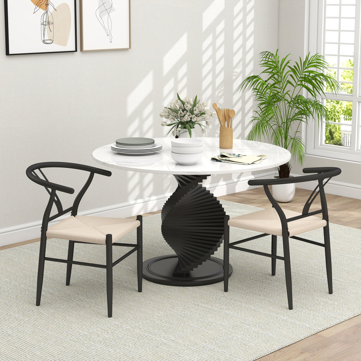 HOMCOM Set of 2 Dining Chairs, Hand-Woven Rope Seat, Black