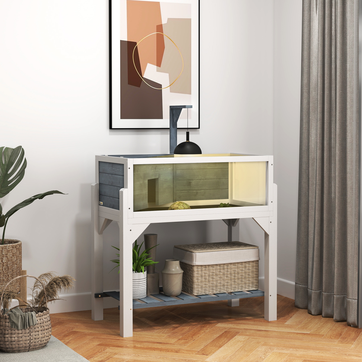 PawHut Wooden Two-Room Tortoise House with Storage Shelf and Windows