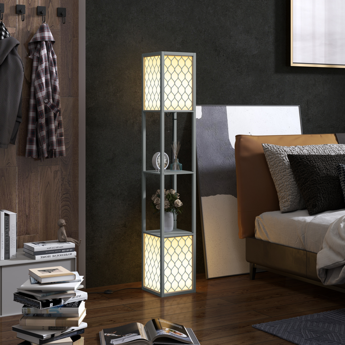 HOMCOM 2-Light Modern Floor Lamp with Shelves, Light Grey