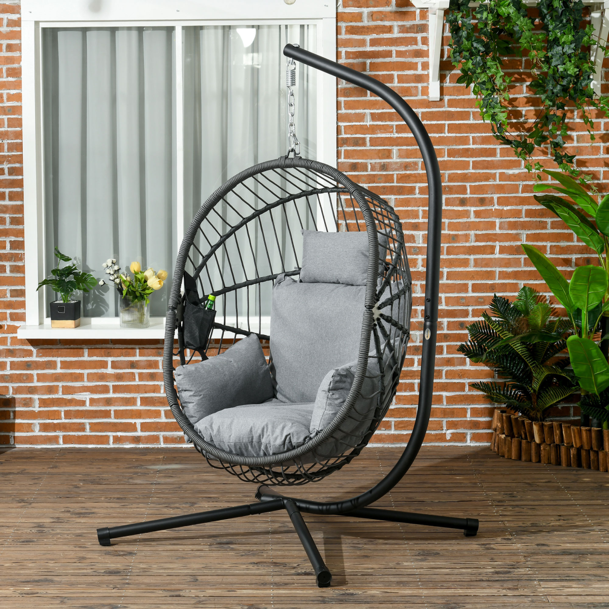 Outsunny Grey Hanging Swing Chair with Thick Cushion, Foldable Patio Hanging Chair