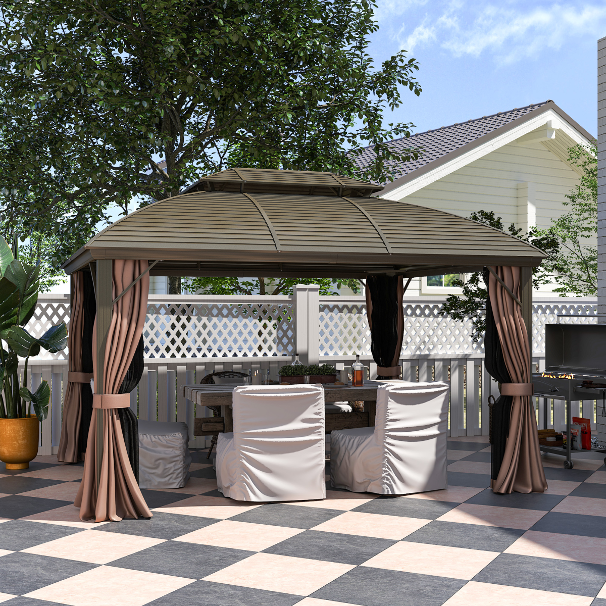 Outsunny 3.65 x 3m Aluminium Outdoor Gazebo with Hardtop Double Roof