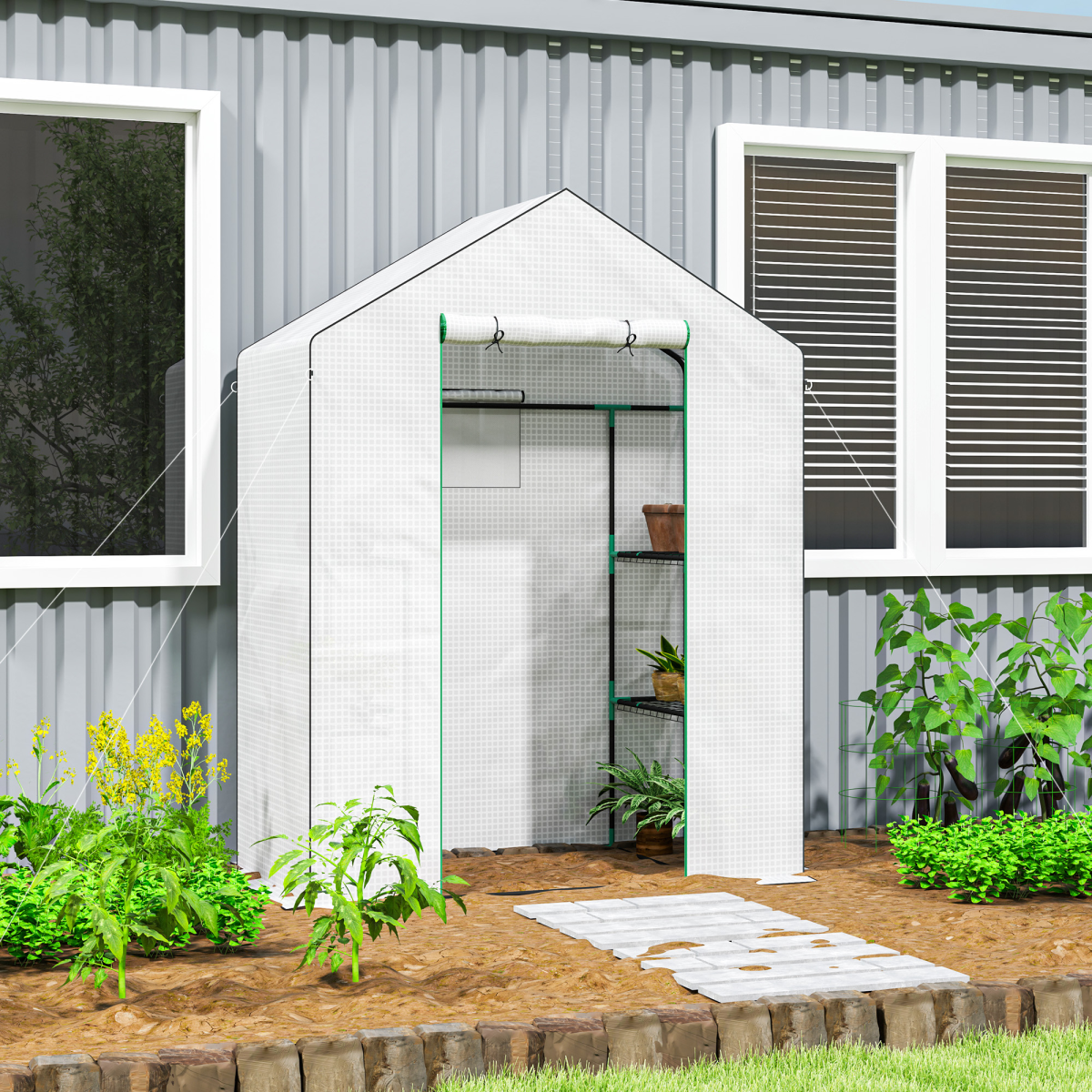 Outsunny Walk-In Greenhouse with 4 Shelves, Outdoor, White