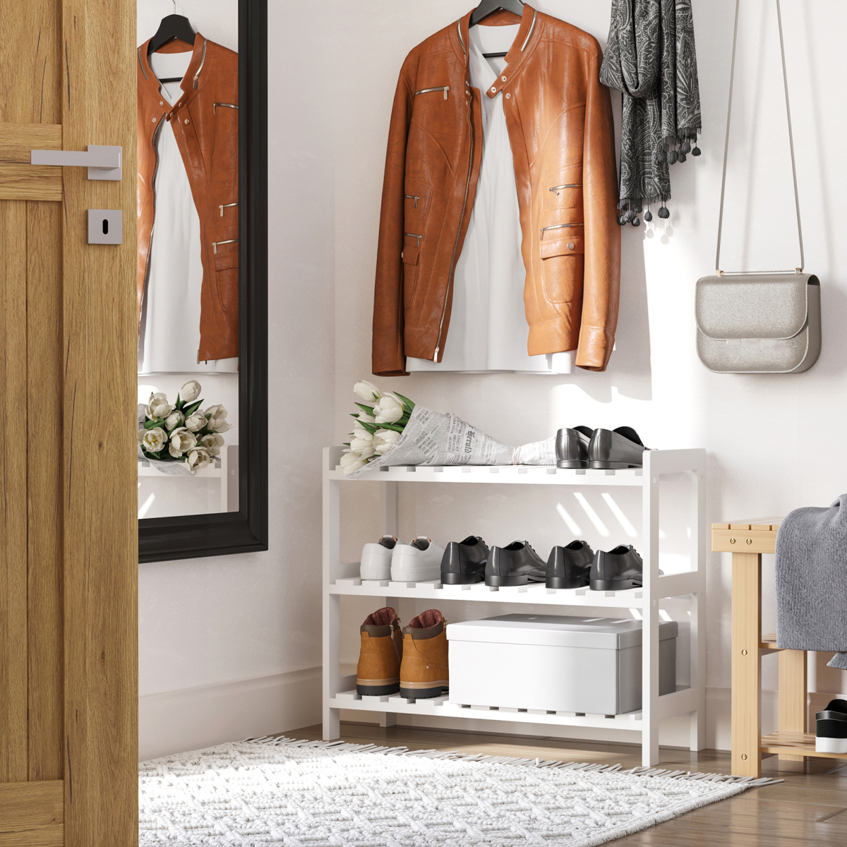 HOMCOM 3-Tier Wooden Shoe Rack, Open Slatted Shelves, 70cm Wide