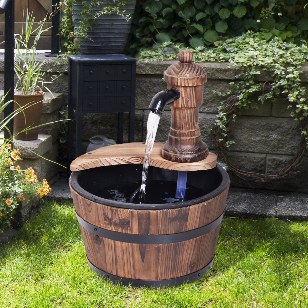 Outsunny Rustic Wooden Barrel Water Fountain with Electric Pump, Garden Planter and Ornament