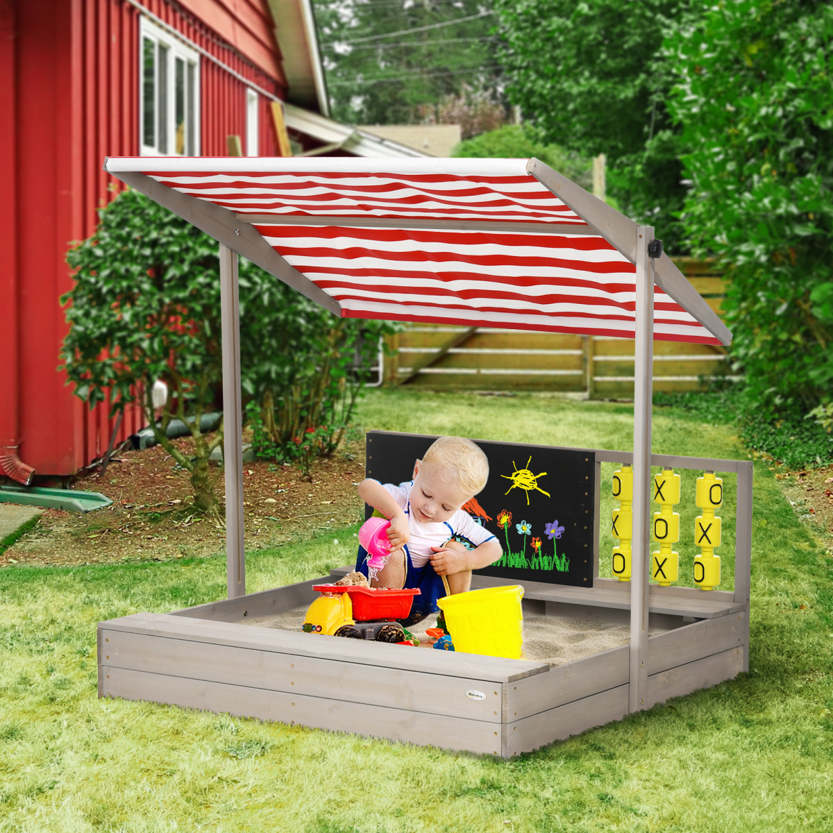 Outsunny Kids Wooden Sandpit with Canopy & Seats for Garden