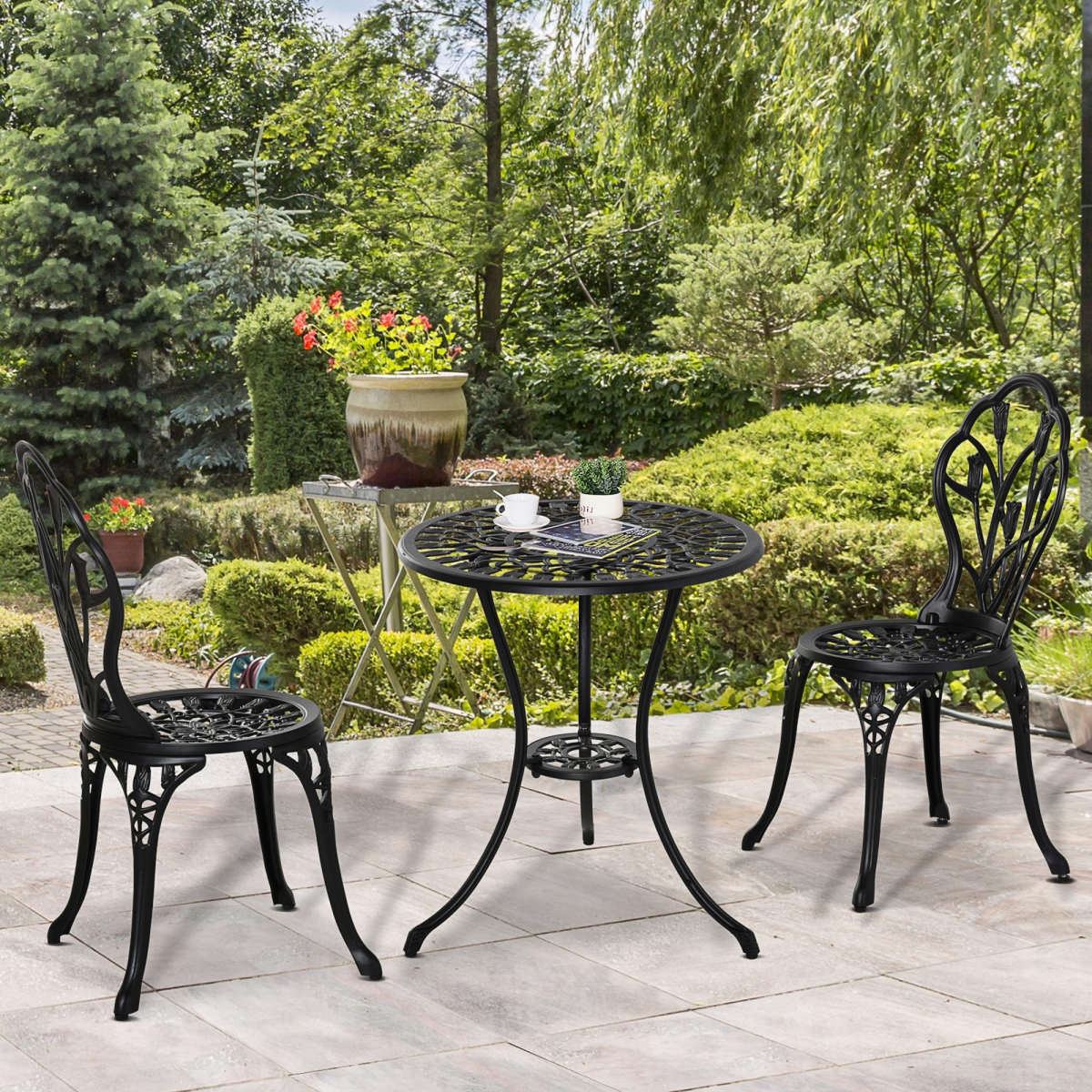 Outsunny 3 Piece Aluminium Bistro Set with Umbrella Hole, Black Garden Furniture