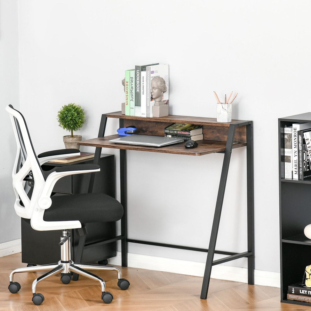 HOMCOM Rustic Brown Office PC Workstation with Metal Frame, Two-Tier Storage Shelf, 20kg Max Load