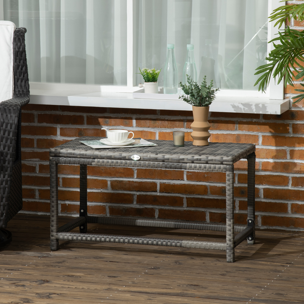 Outsunny Grey Outdoor Rattan Side Table with Steel Frame