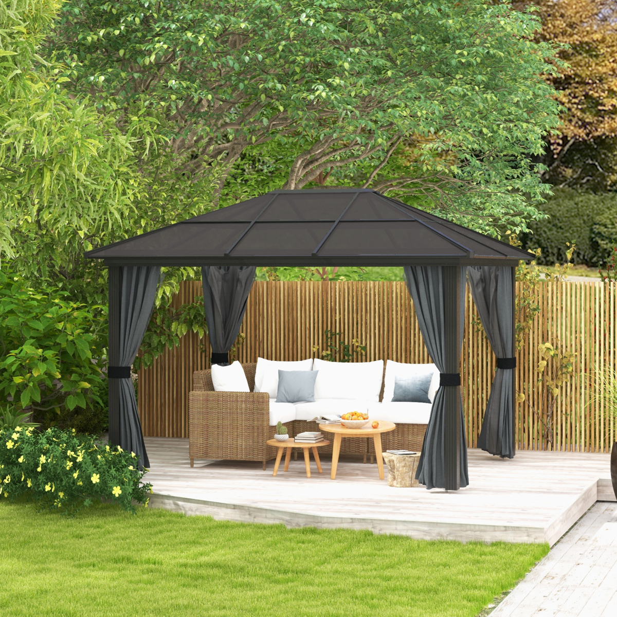 Outsunny 3 x 3.6m Aluminium Hardtop Gazebo with Polycarbonate Roof, Black and Dark Grey