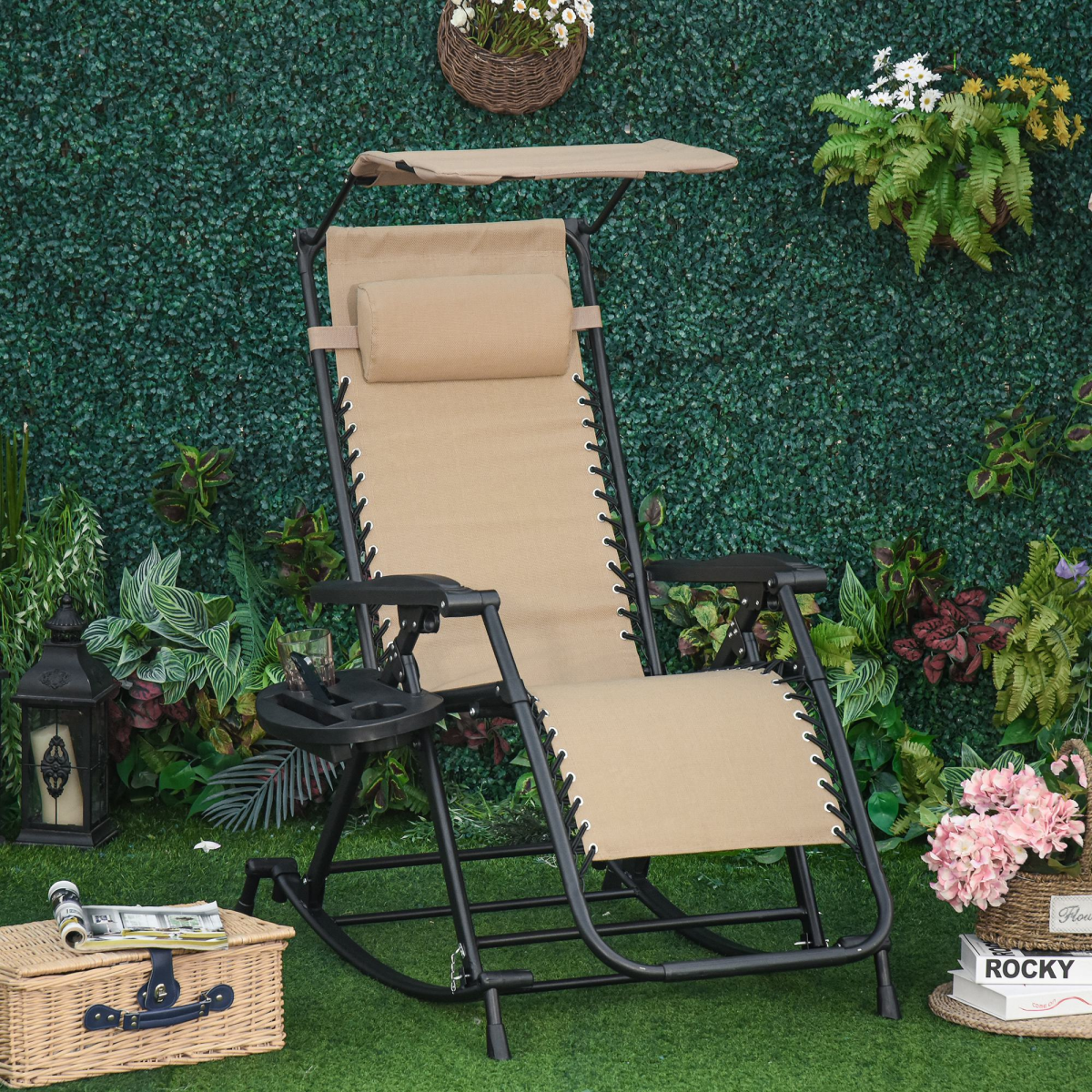 Folding Zero-Gravity Outdoor Recliner Rocker Chair with Canopy