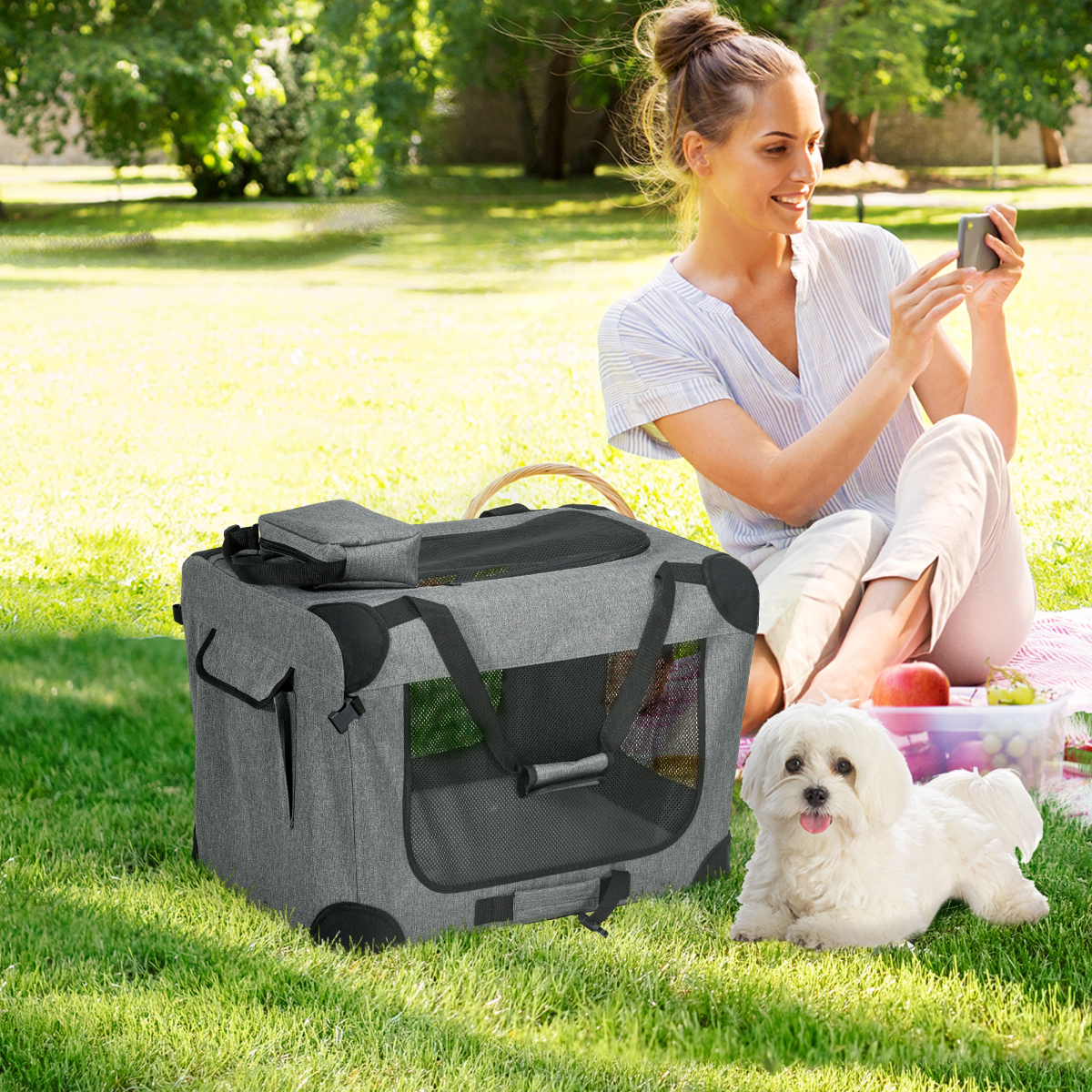 PawHut Folding Pet Carrier House with Cushion and Storage, Dark Blue, 60 x 41.5 x 41 cm