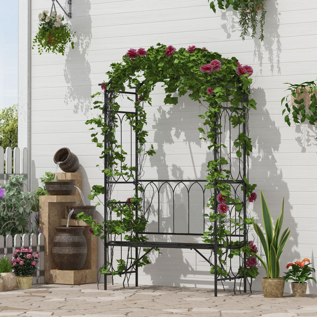 Black Metal Garden Arbour Bench Trellis for Climbing Plants