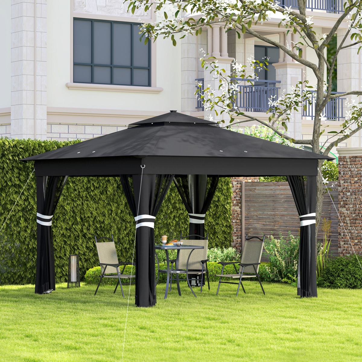 Outsunny 3 x 3m Pop Up Gazebo with Solar LED Lights and Netting, Black