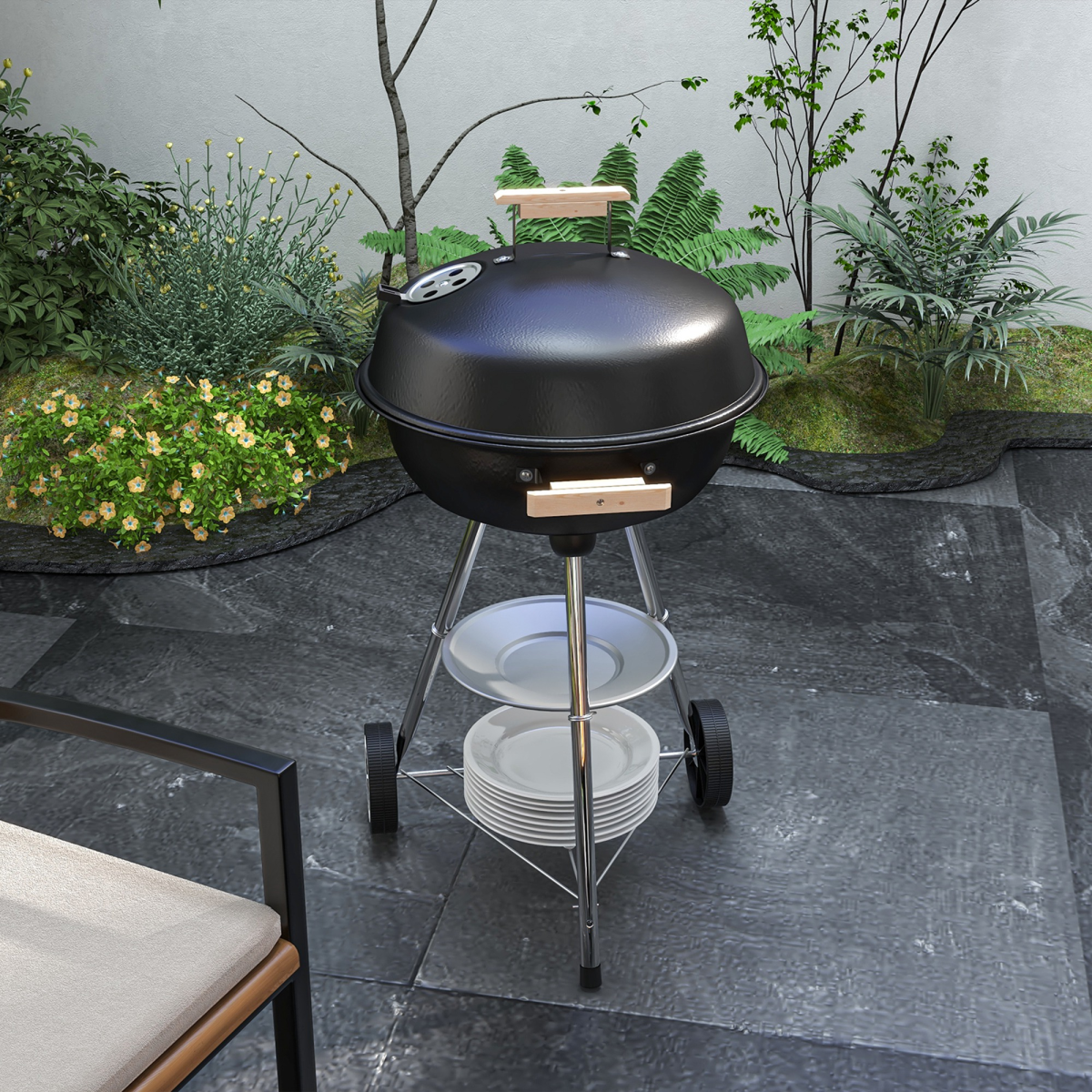 Outsunny Steel BBQ Grill with Porcelain Enamel Lid, One-Touch Cleaning System, Wheels and Bottom Shelf, 85H cm