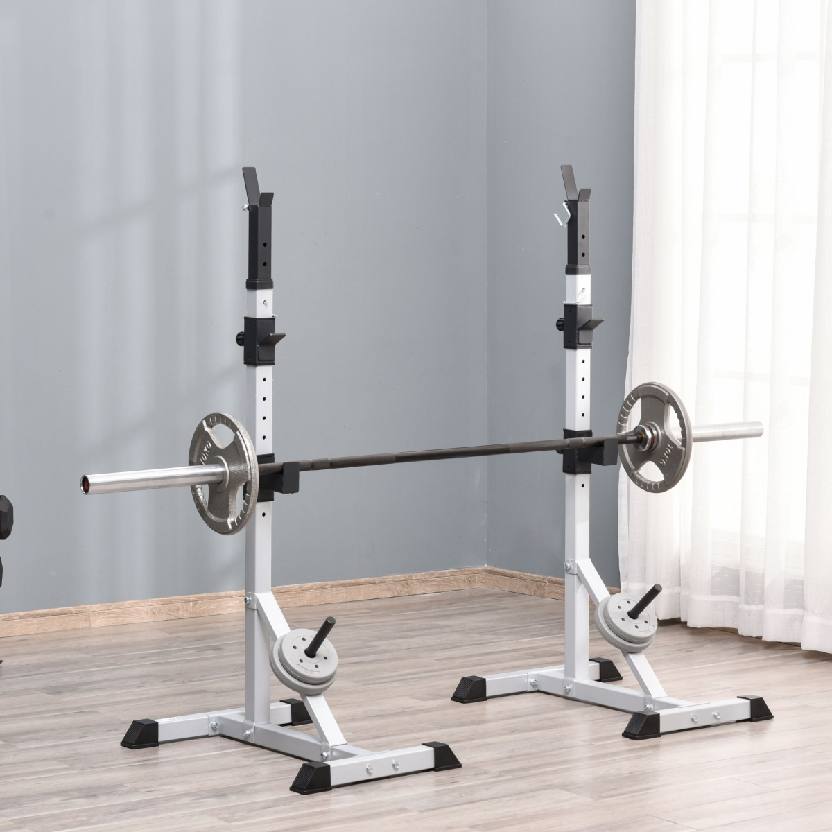 Adjustable Pair of Barbell Squat Racks with 3 Barbell Holders, Steel Frame, 200kg Max Load