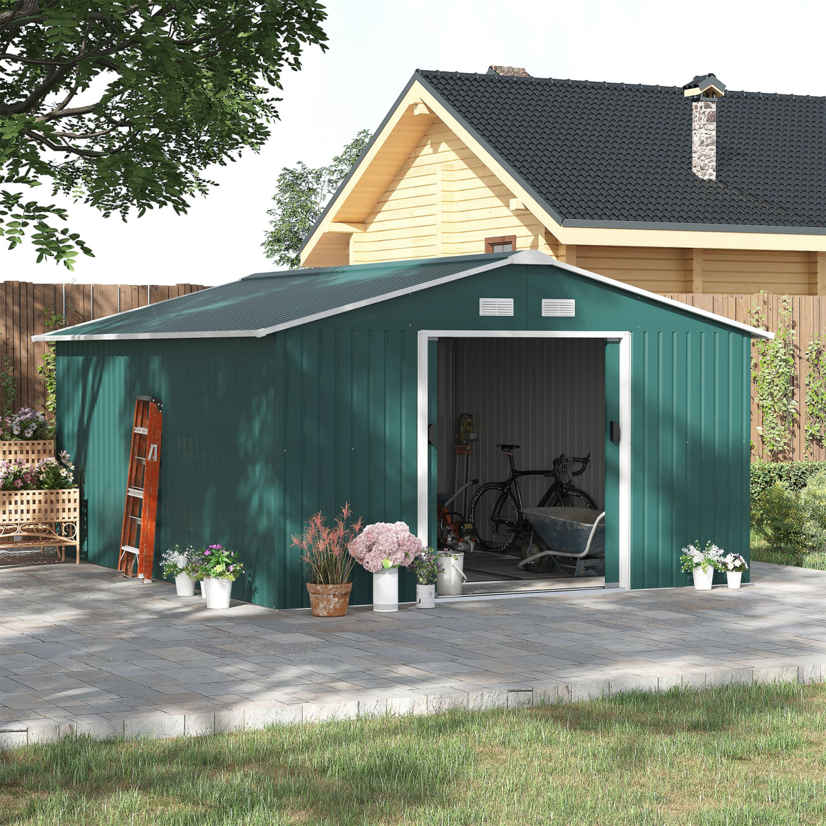 Outsunny 13ft x 11ft Green Metal Storage Shed with Sliding Double Doors, Sloping Roof, Ventilation and Floor Foundation