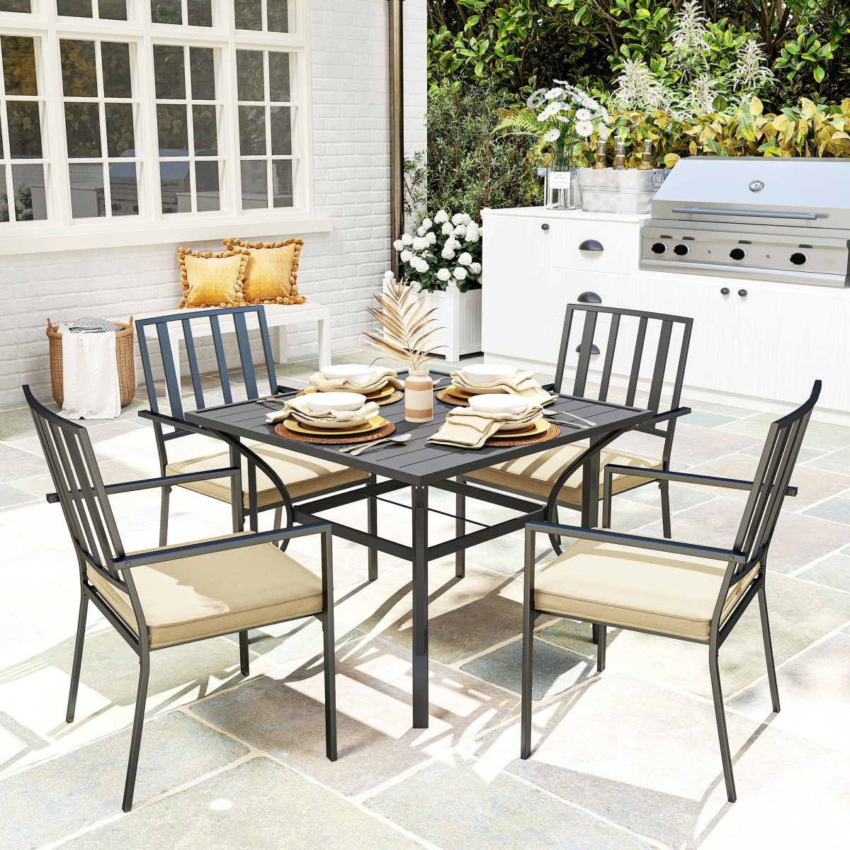 Outsunny 5-Piece Outdoor Garden Dining Set with 4 Stackable Cushioned Armchairs and Metal Table